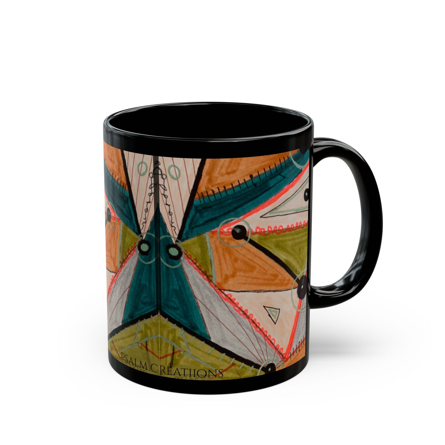 Abstract Geometric Art Mug — Colorful Patterned Black Ceramic Coffee Cup (11oz/15oz)
