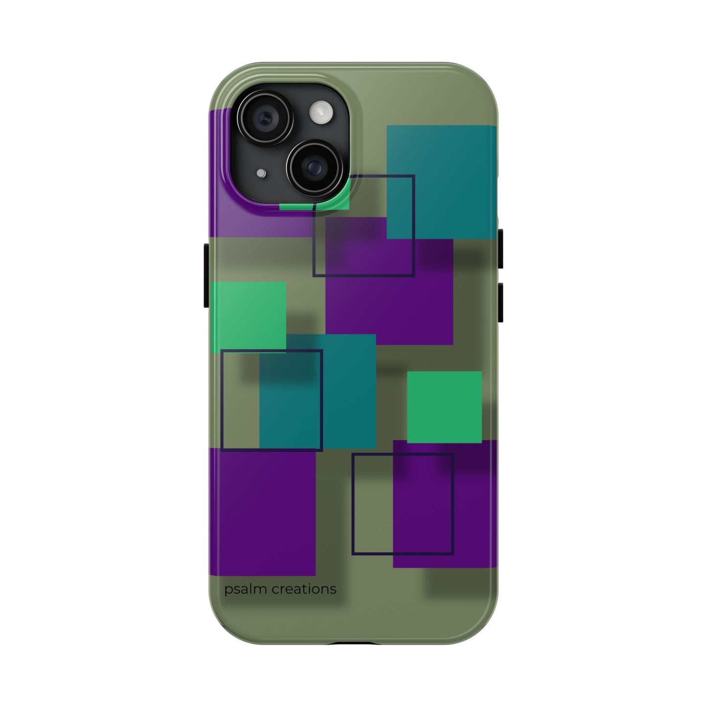 Geometric Olive Green Tough Phone Case – Teal & Purple Square Pattern