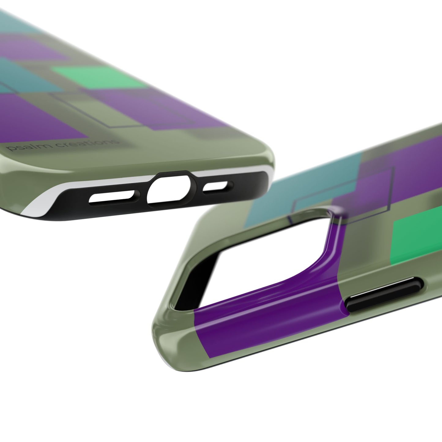 Geometric Olive Green Tough Phone Case – Teal & Purple Square Pattern