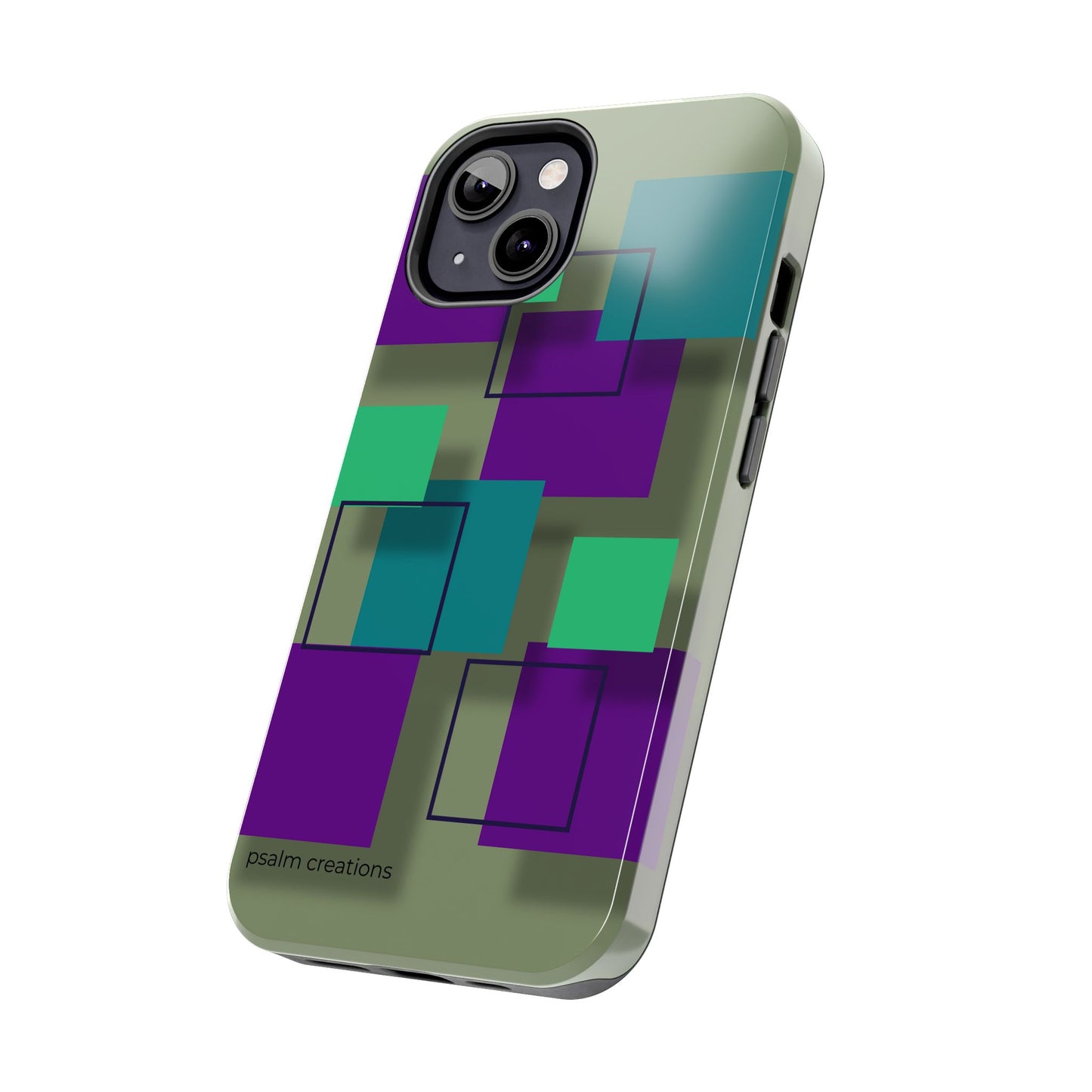 Geometric Olive Green Tough Phone Case – Teal & Purple Square Pattern