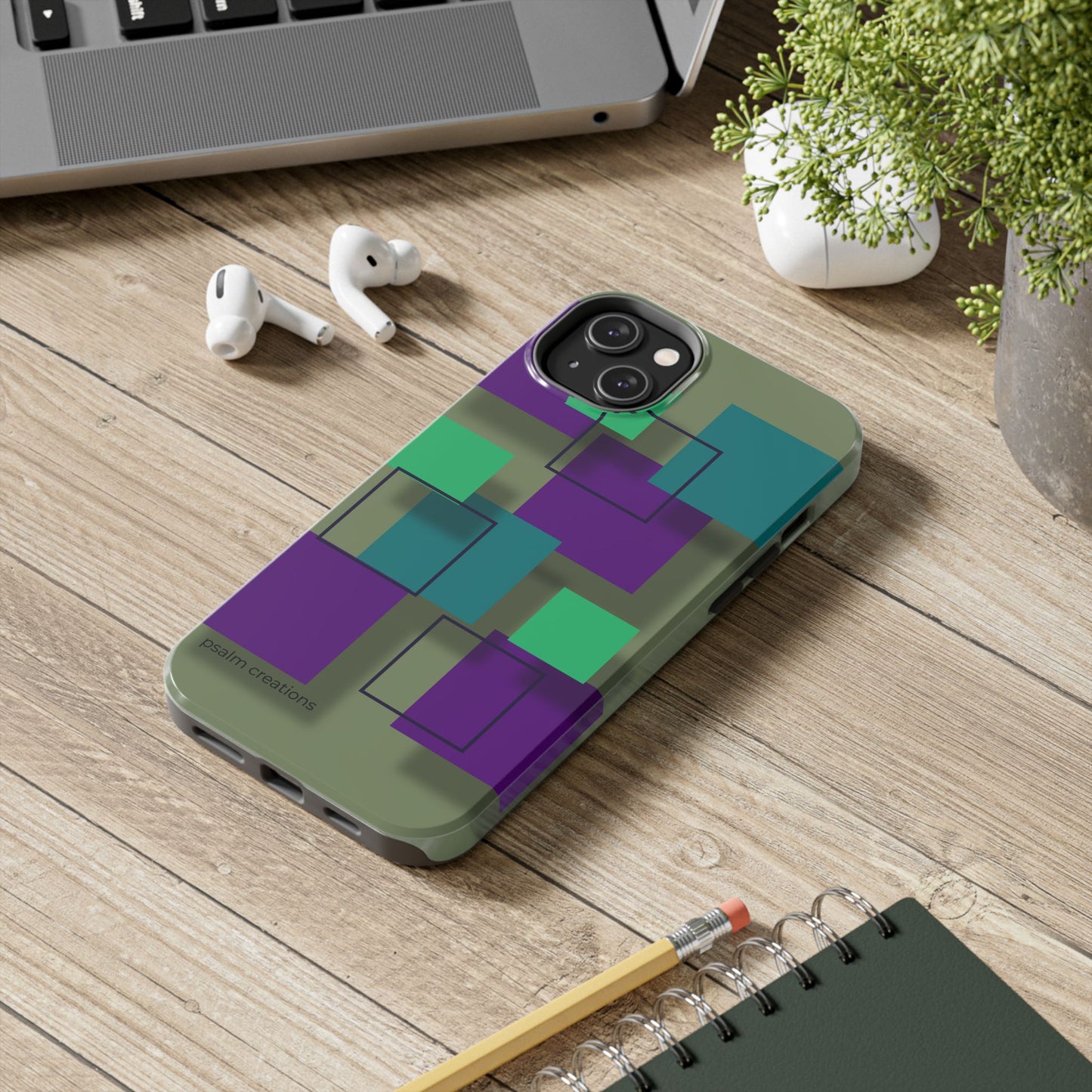 Geometric Olive Green Tough Phone Case – Teal & Purple Square Pattern