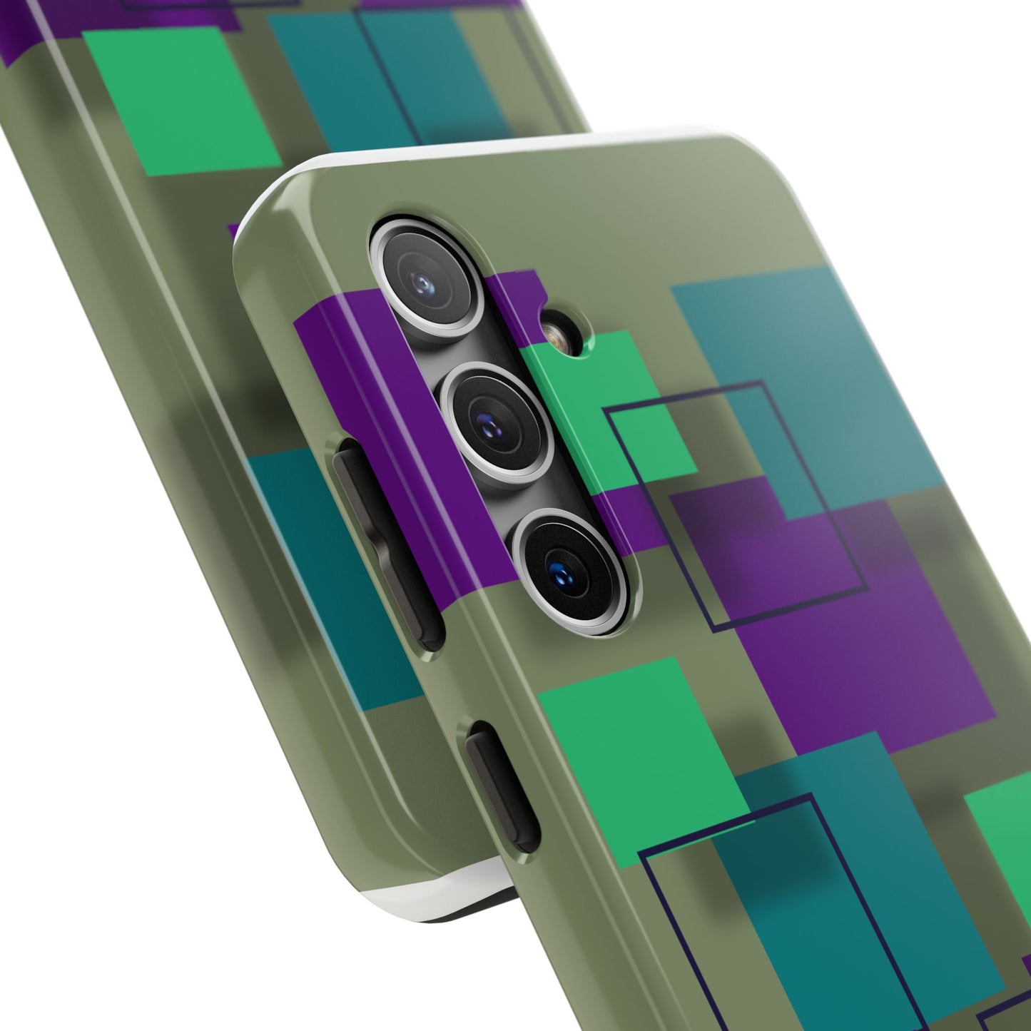 Geometric Olive Green Tough Phone Case – Teal & Purple Square Pattern