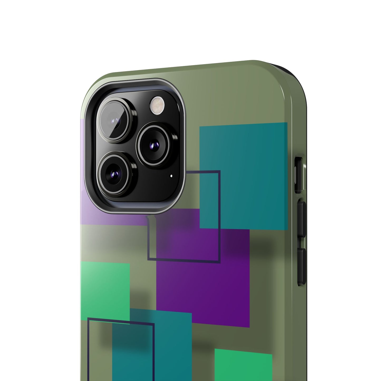Geometric Olive Green Tough Phone Case – Teal & Purple Square Pattern