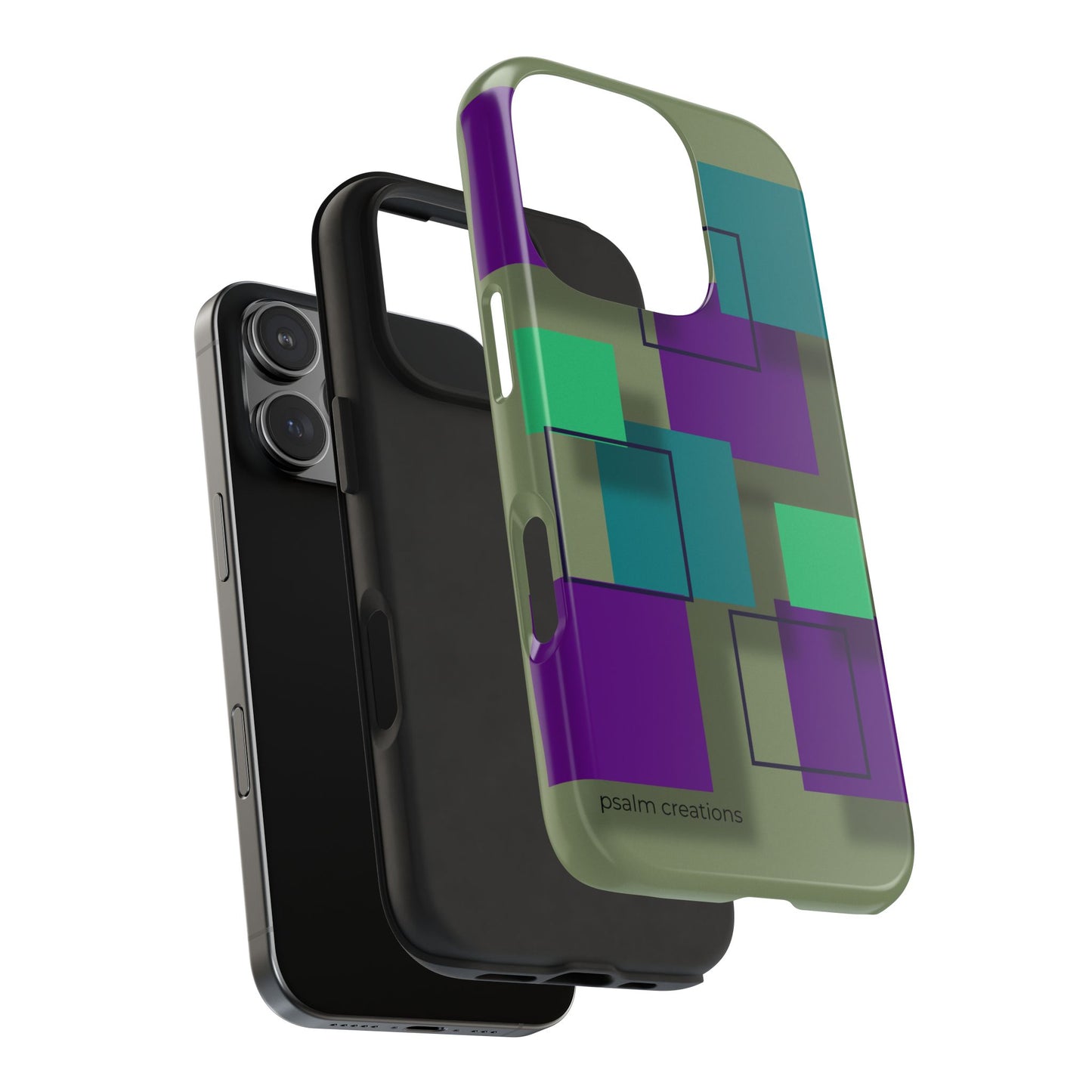 Geometric Olive Green Tough Phone Case – Teal & Purple Square Pattern