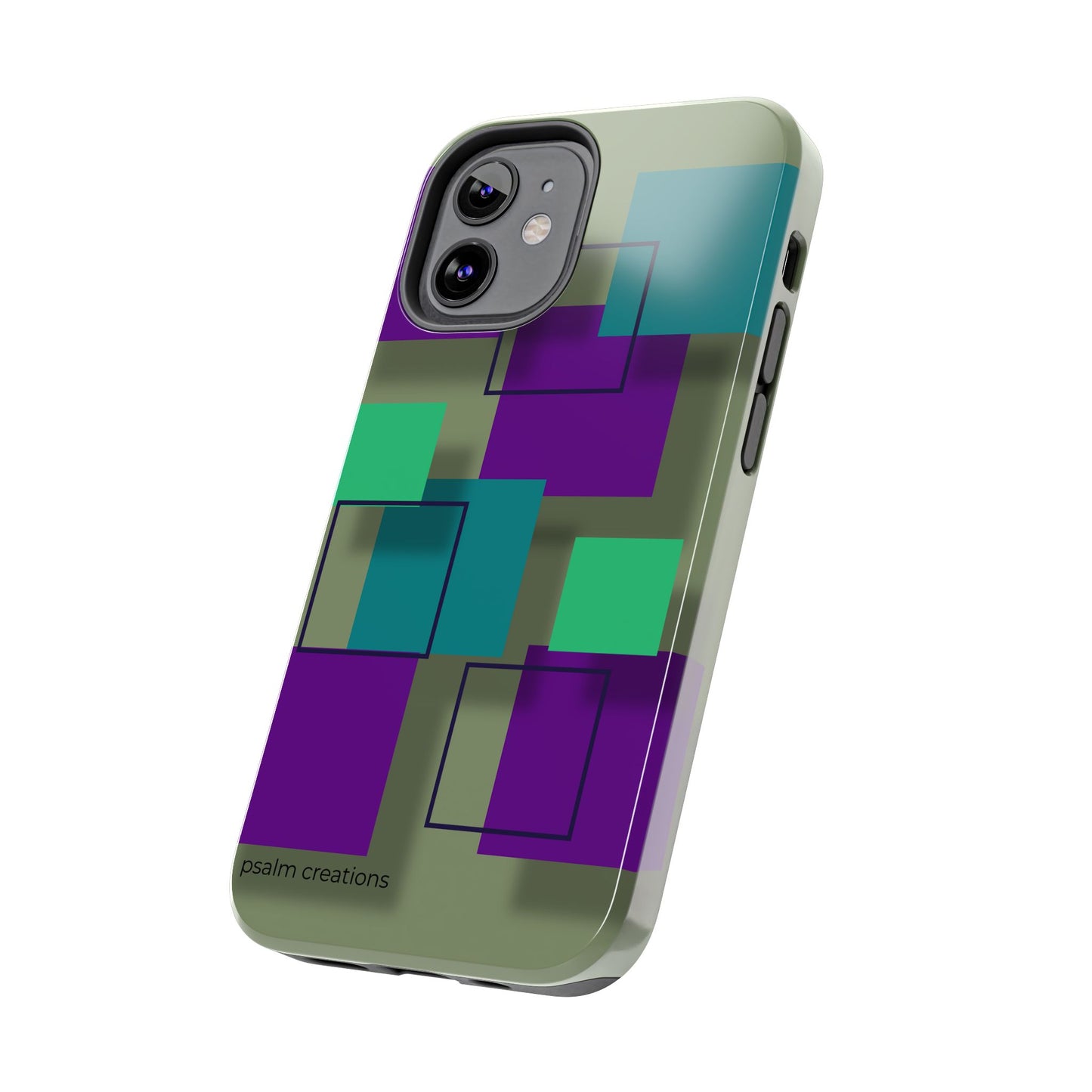 Geometric Olive Green Tough Phone Case – Teal & Purple Square Pattern