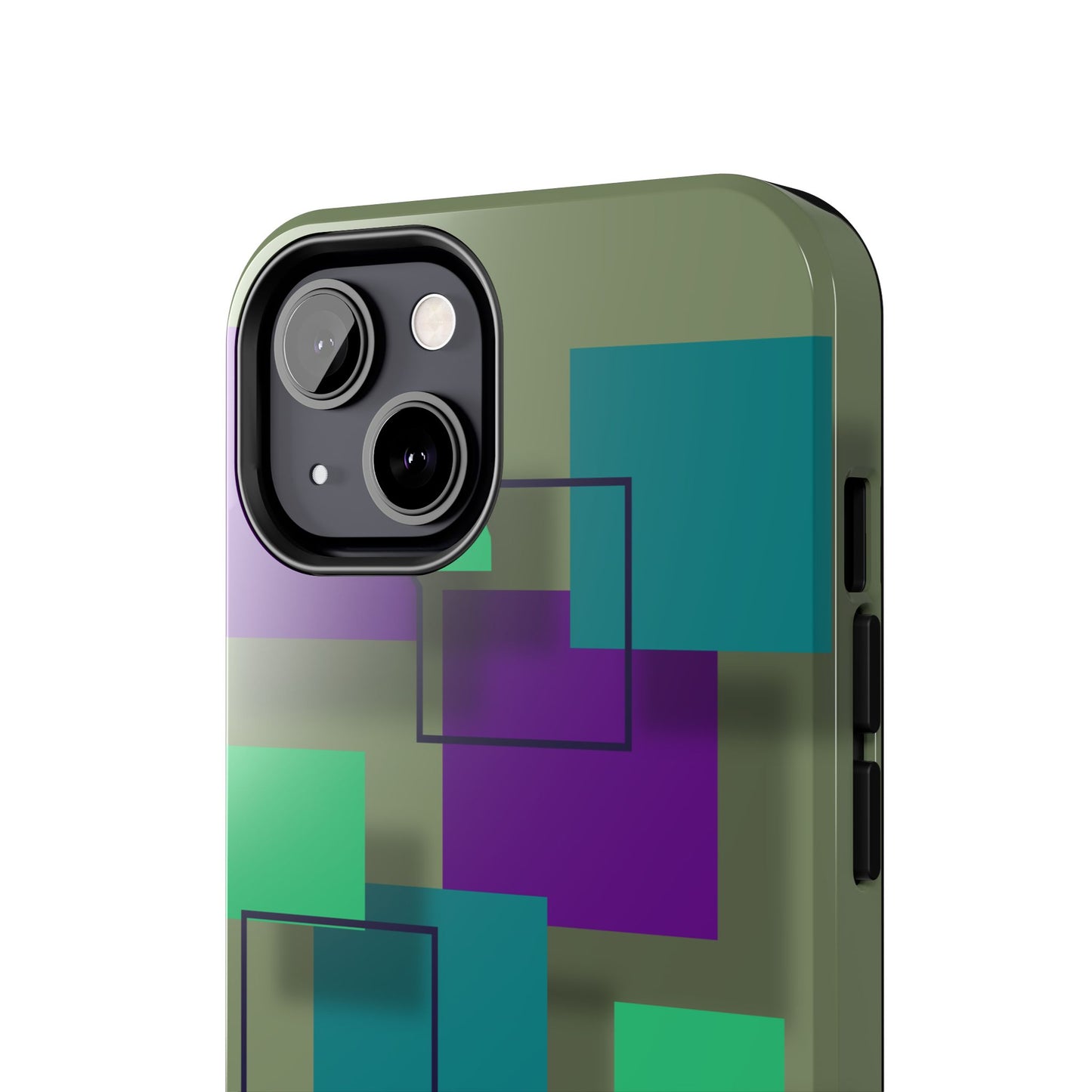 Geometric Olive Green Tough Phone Case – Teal & Purple Square Pattern