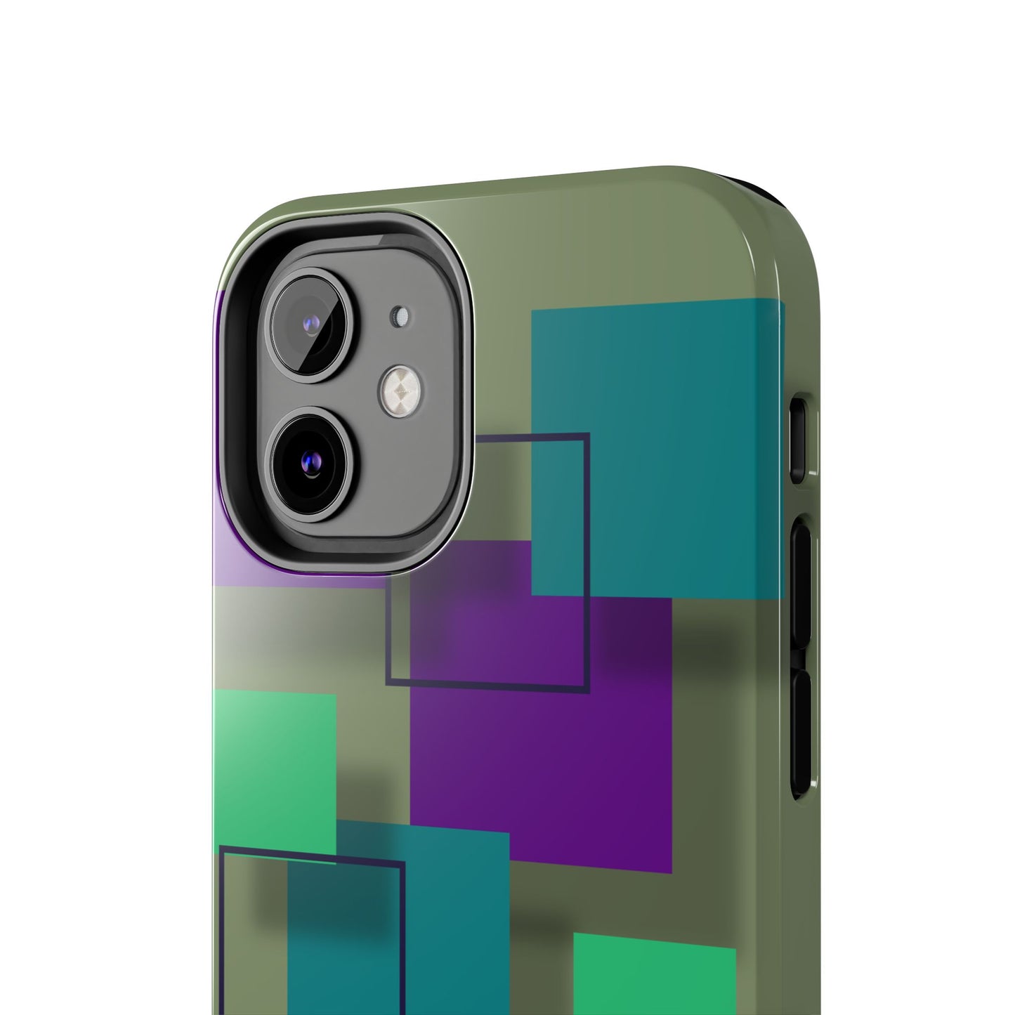 Geometric Olive Green Tough Phone Case – Teal & Purple Square Pattern