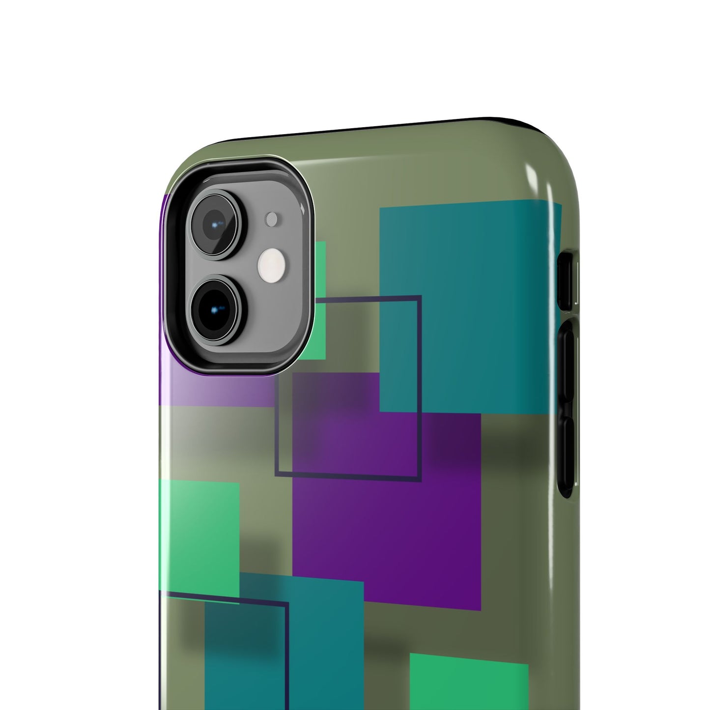 Geometric Olive Green Tough Phone Case – Teal & Purple Square Pattern