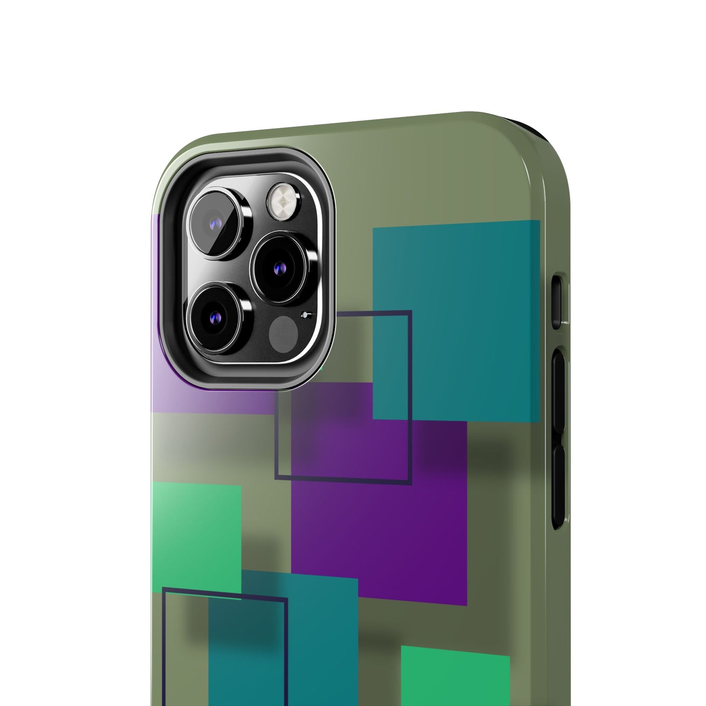 Geometric Olive Green Tough Phone Case – Teal & Purple Square Pattern