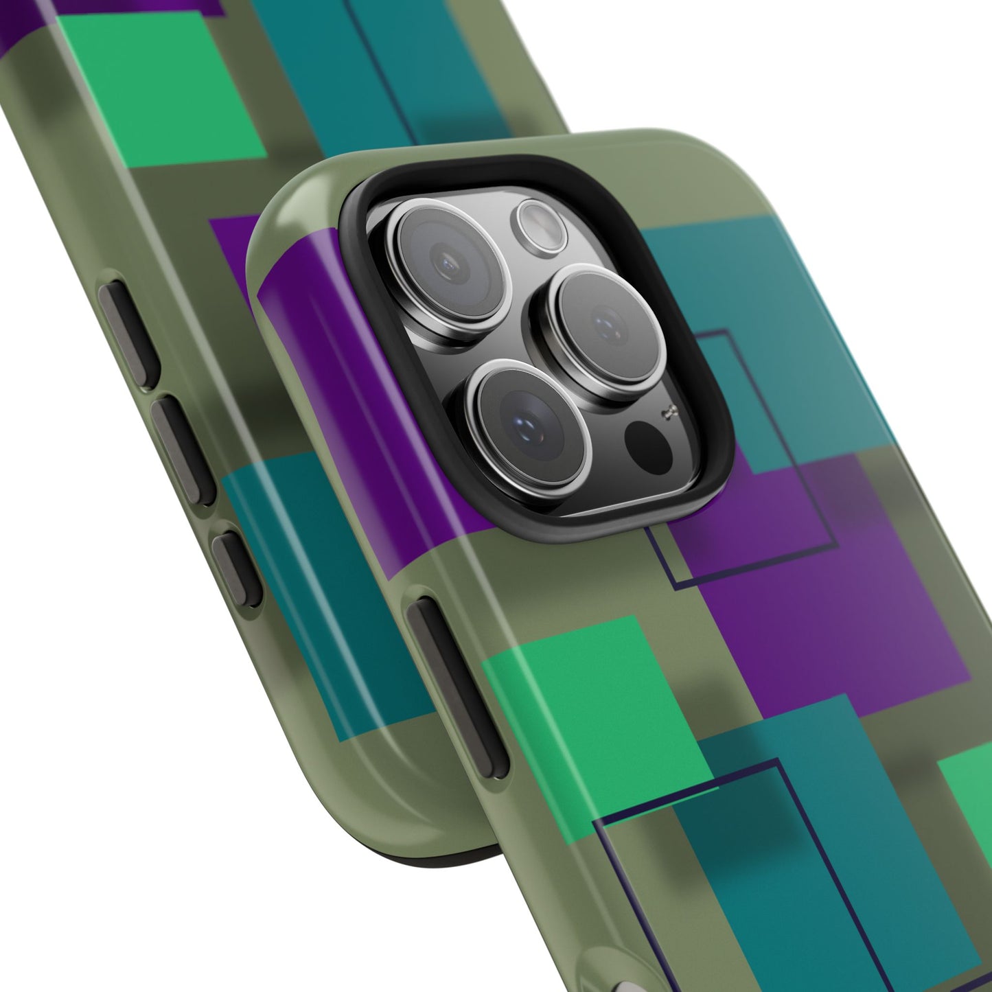 Geometric Olive Green Tough Phone Case – Teal & Purple Square Pattern